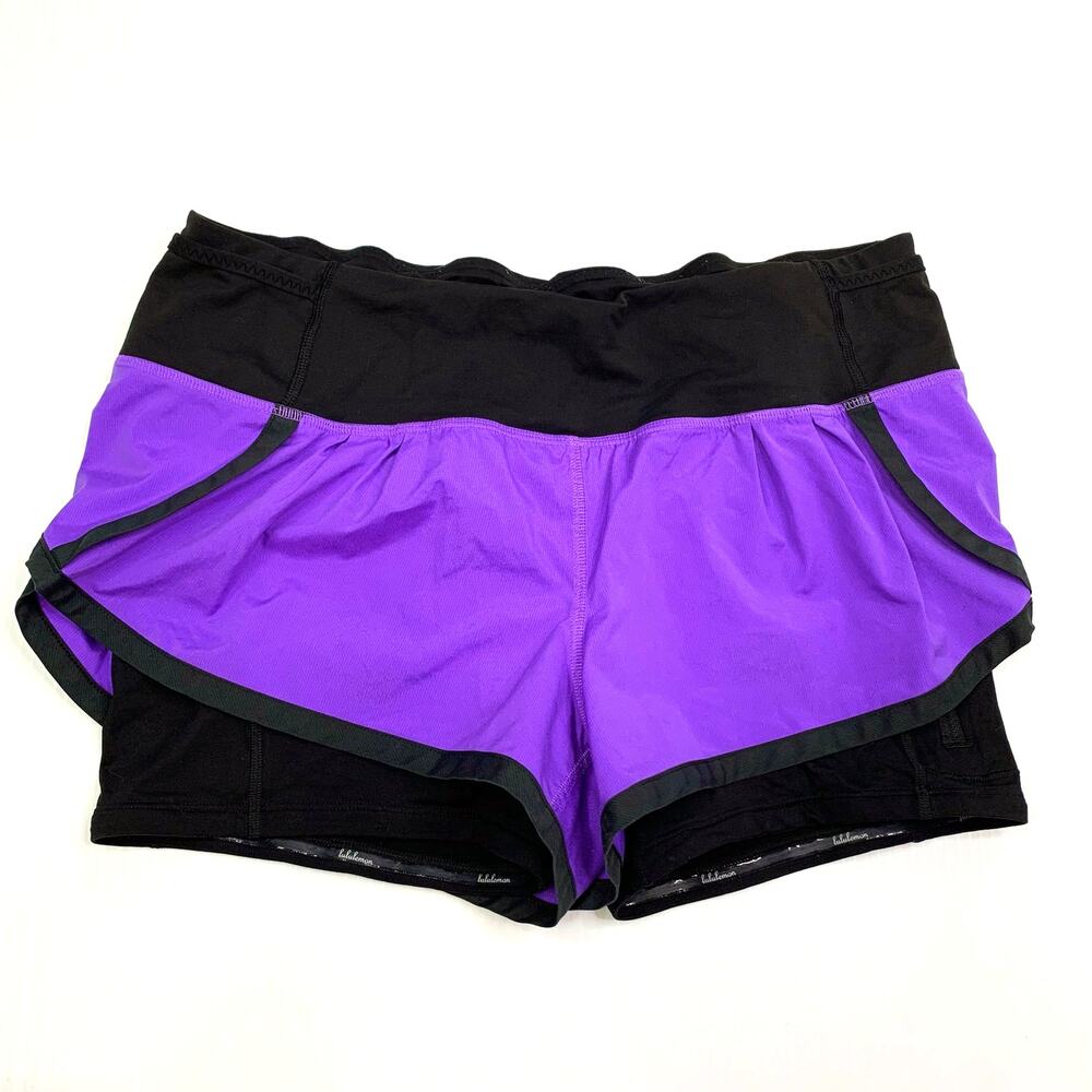 Lululemon Run Speed Quad Shorts 8 Power Purple Zip Side Pockets Grip Luxtreme